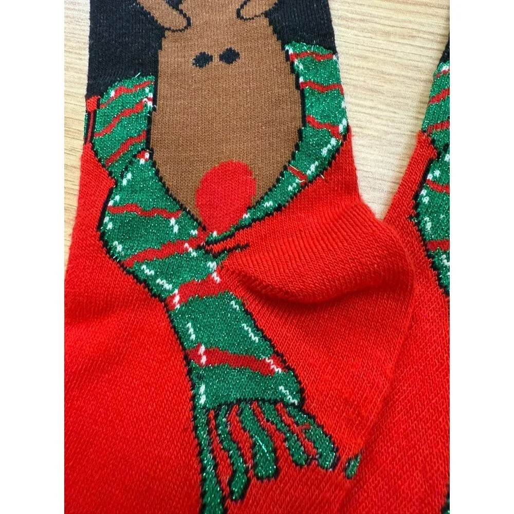 Holiday Reindeer Knit Socks Festive Glittery Scarf Design Christmas Red Black